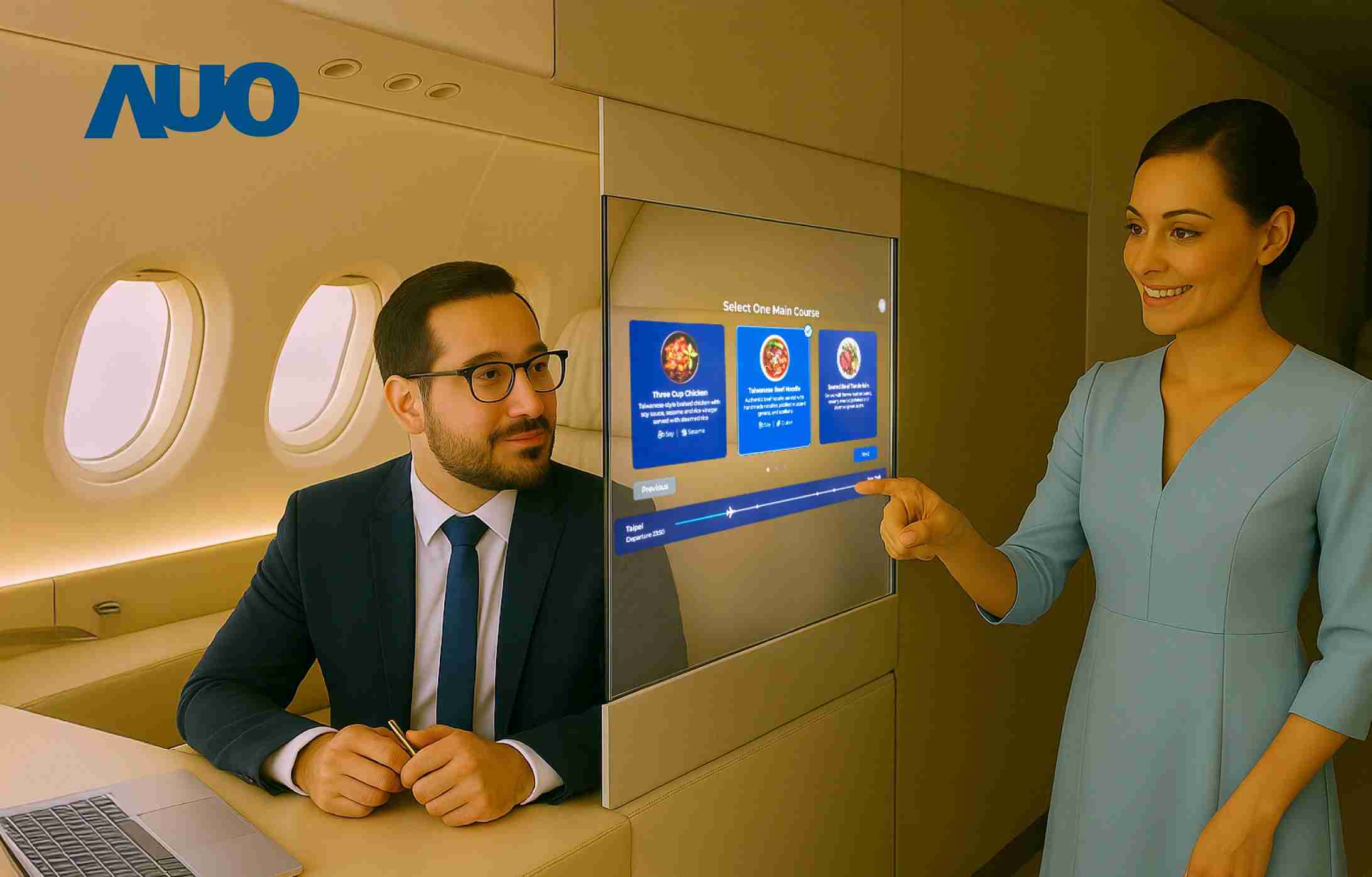 赏金国际研发全球最薄17.3 吋双面透明 Micro LED 显示器，，，可在同一屏幕之双边投射不同信息，，创造独特的”透明化”互动；图为实时翻译交流应用情境