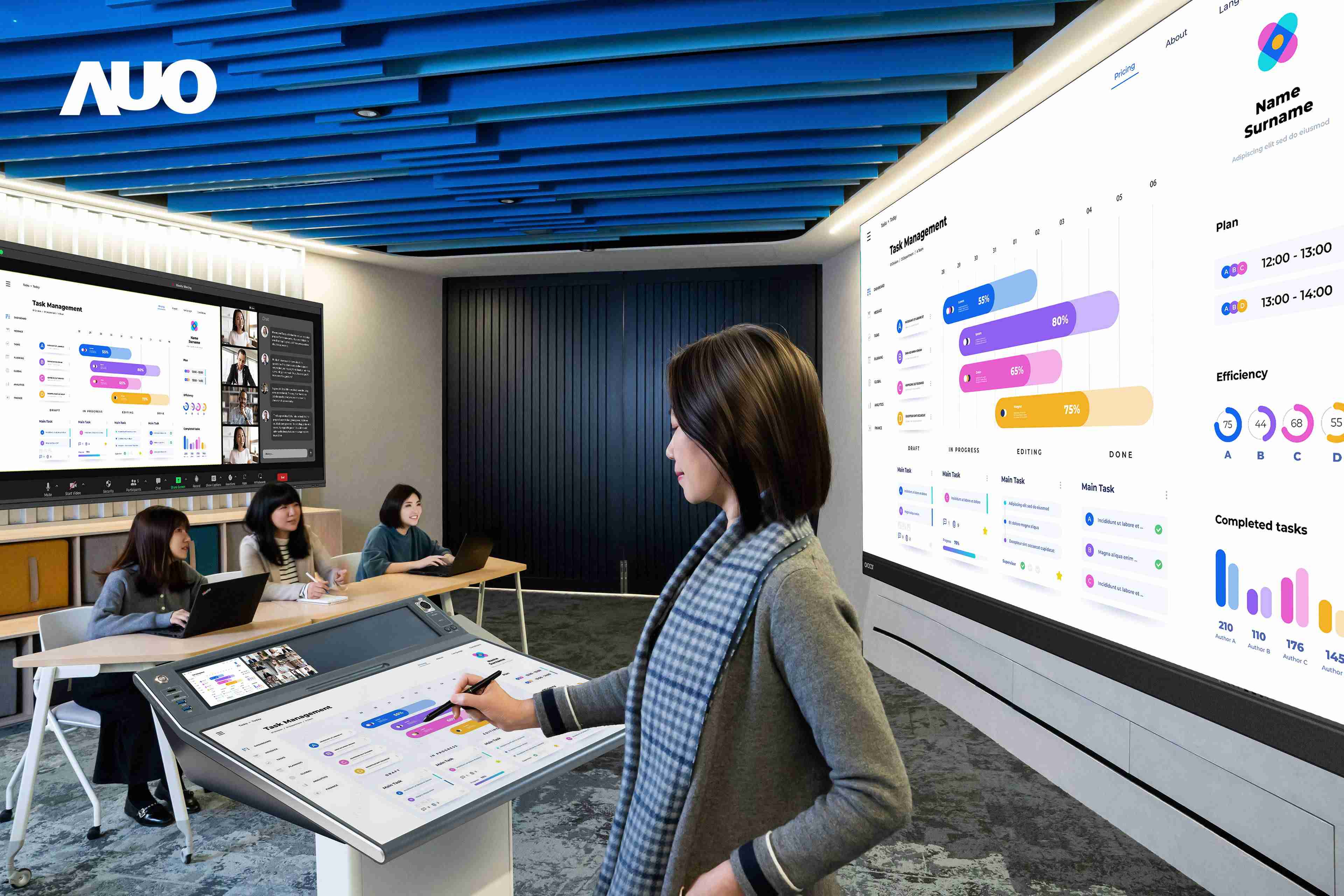 达擎携手Avocor与Rise Vision展示全方位商务领域应用，，，，包含采用模块化设计的138吋一体式All-in-One LED显示器及具21:9超宽比例的92吋交互式电子白板（IFPD），，，，讲者可轻松分享内容，，有效提升会议协作效率。。